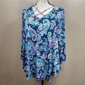 Chico's Blue Paisley 3/4 Sleeve Tunic Size Medium (2578)